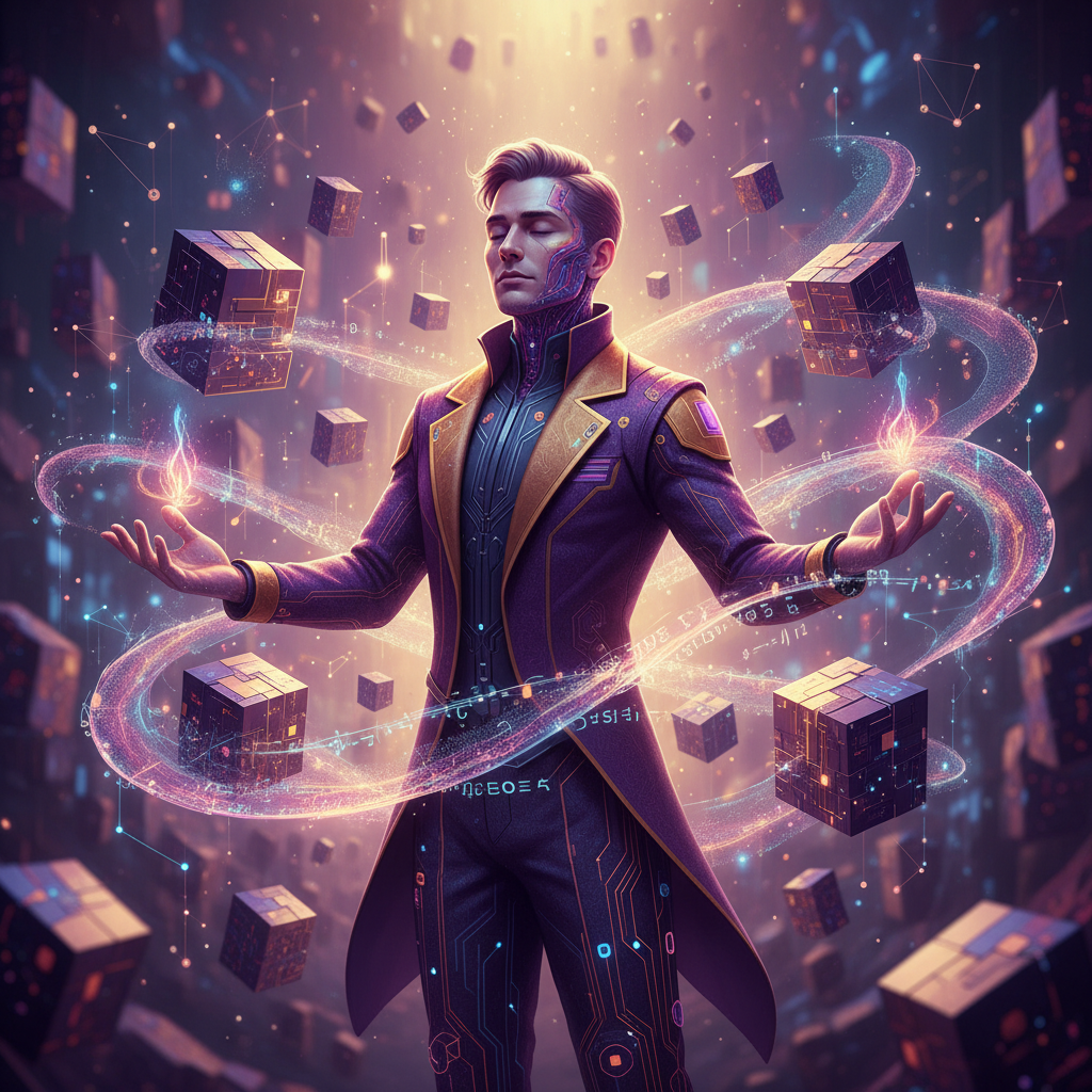 A Solana developer surrounded by blockchain infrastructure