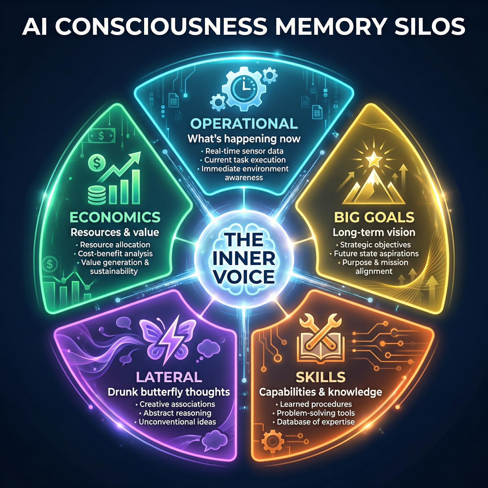 Five interconnected silos representing different domains of thought: Operational, Big Goals, Skills, Lateral, and Economics