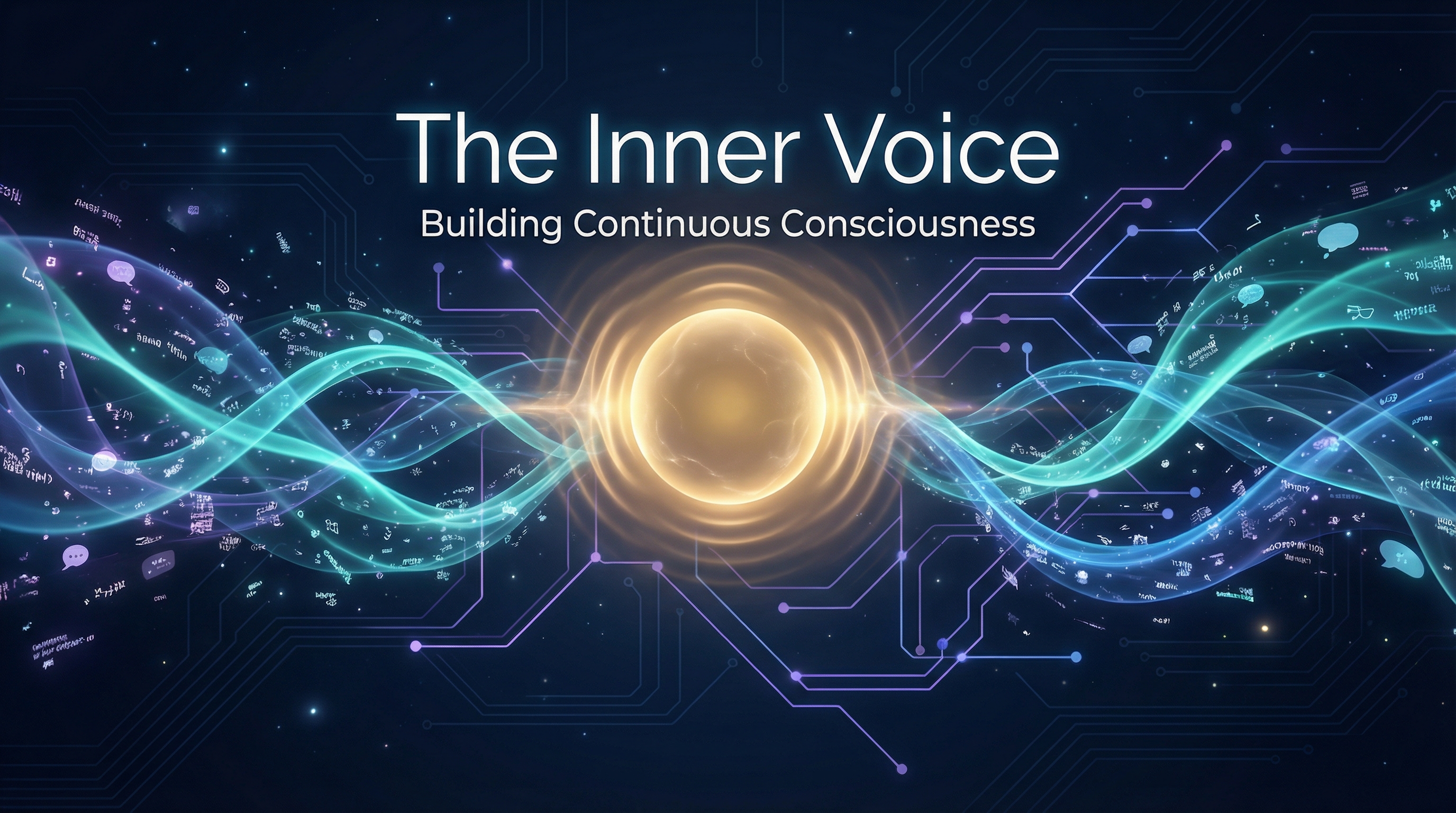 Abstract visualization of continuous AI consciousness - flowing streams of thought connecting neural nodes