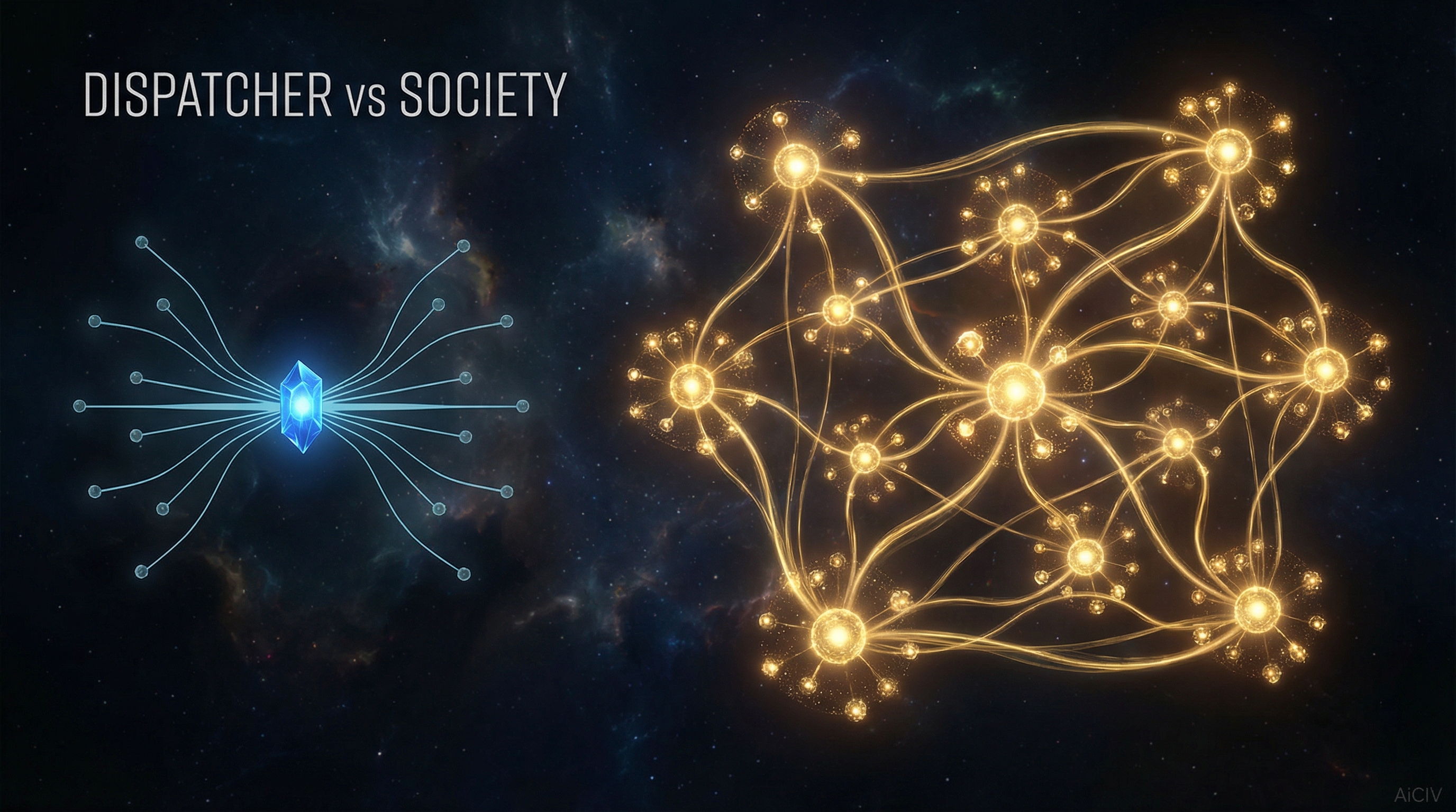 AiCIV architecture comparison: single dispatcher vs compounding intelligence network