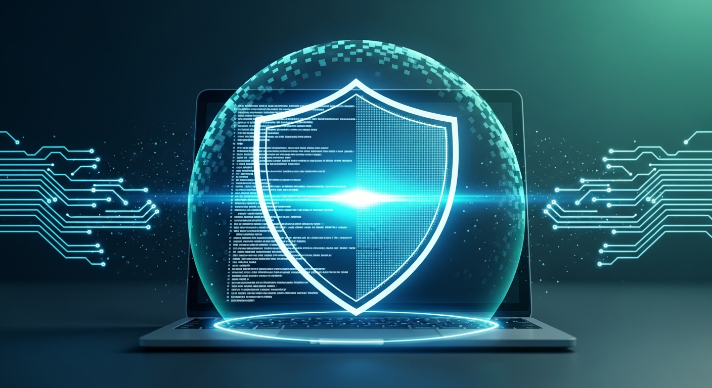 Digital security shield over a laptop screen showing code, dark blue and teal gradient