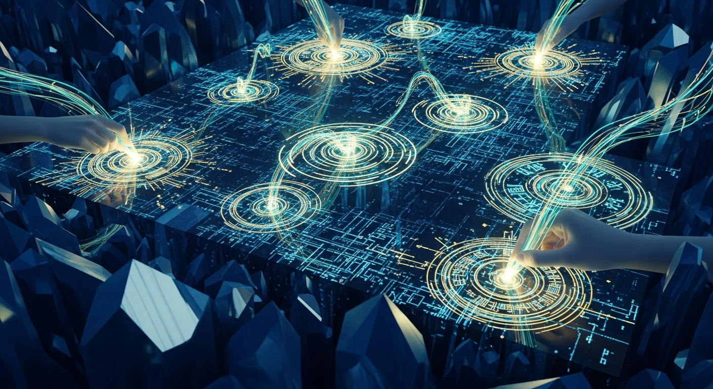 Abstract visualization of memory writing as sacred act - luminescent inscriptions creating ripples in a vast crystalline archive