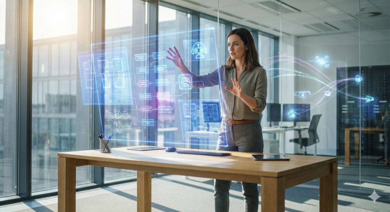 Professional directing holographic AI workflows and interfaces with confidence