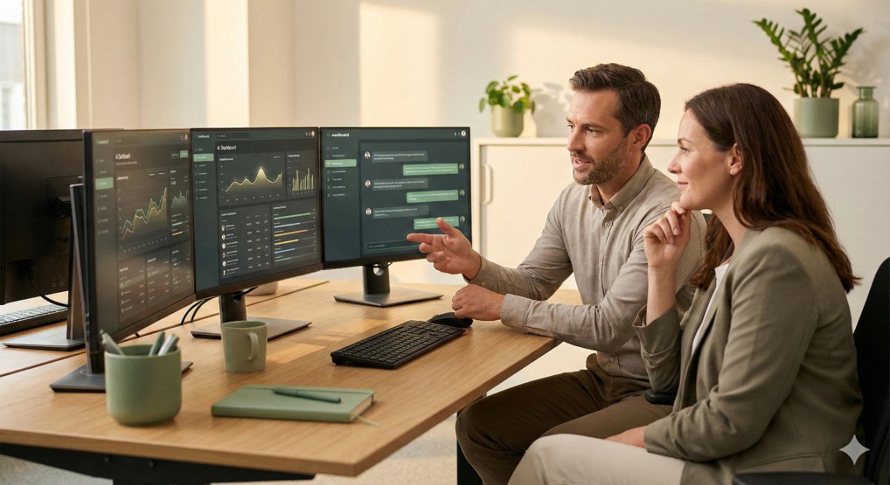 Professional collaborating with AI dashboards and data visualization interfaces